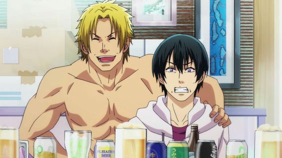 this is an image of two anime characters enjoying a meal and drinks. the character in the foreground is sitting at a table with a glass of beer in his hand and is looking at the camera. the character behind him is shirtless and is laughing.