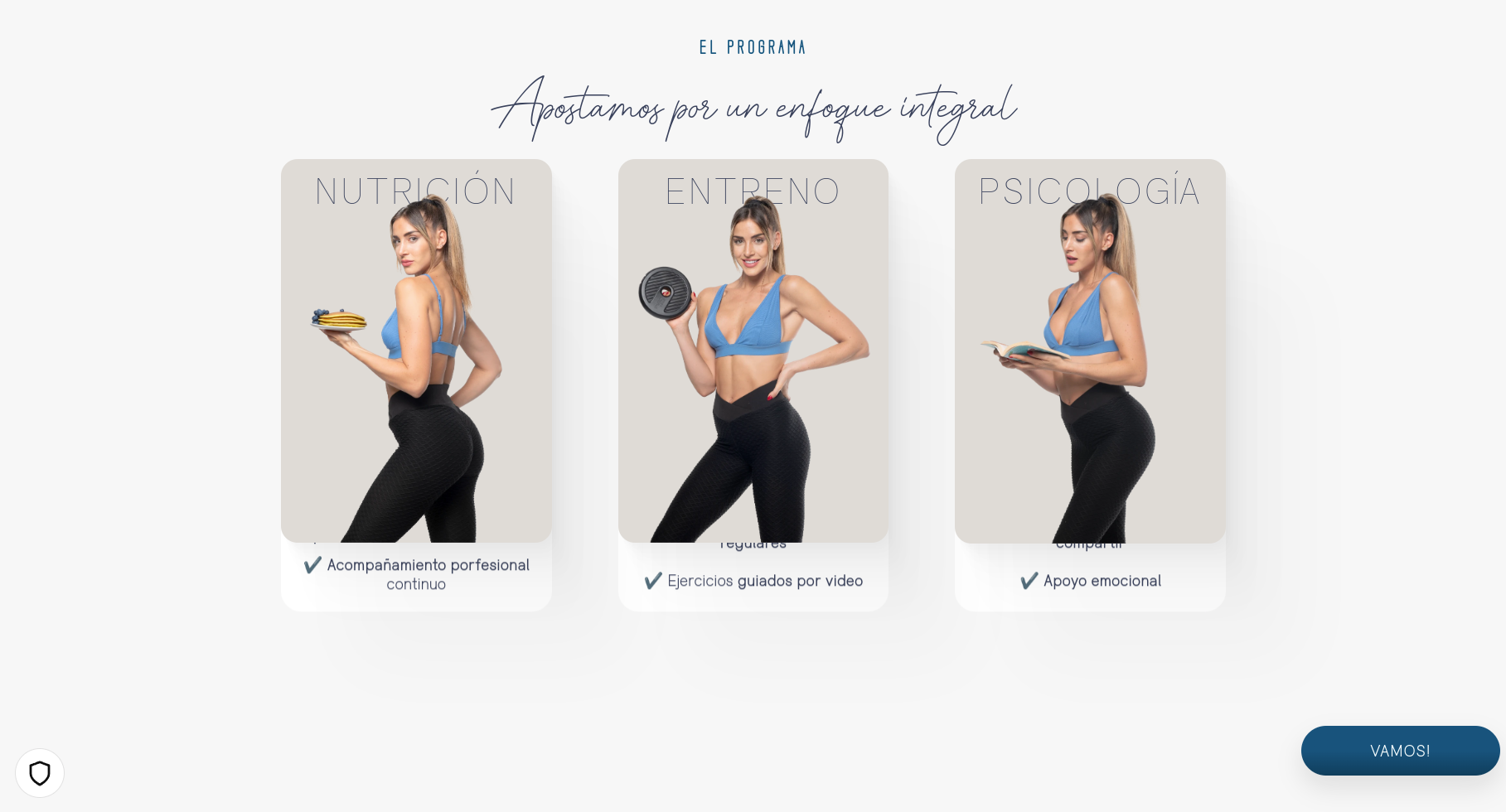 this image is a website banner advertising a fitness program that combines nutrition, training, and mental wellbeing for a holistic approach. the banner features three women representing each aspect: nutrition, training, and psychology. they are all wearing sportswear and holding objects that are related to their respective aspects: food for nutrition, weights for training, and a book for psychology. the banner also mentions some of the benefits of the program, such as professional support, guided video workouts, and emotional support.