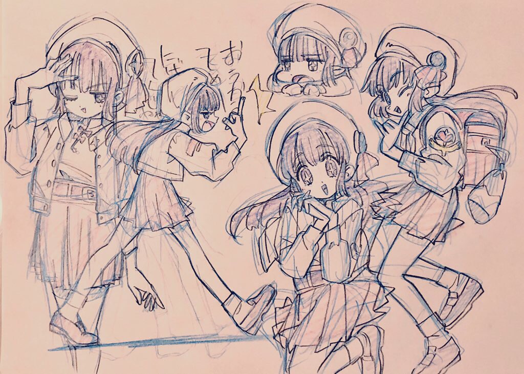 the image is a collection of five sketches of the same female anime character in various poses and expressions.  she seems to be wearing a school uniform with a modified jacket and a cap. it is drawn with a blue pencil on light pink paper.  there's a japanese word written above her head which roughly translates to "welcome!" in english.
