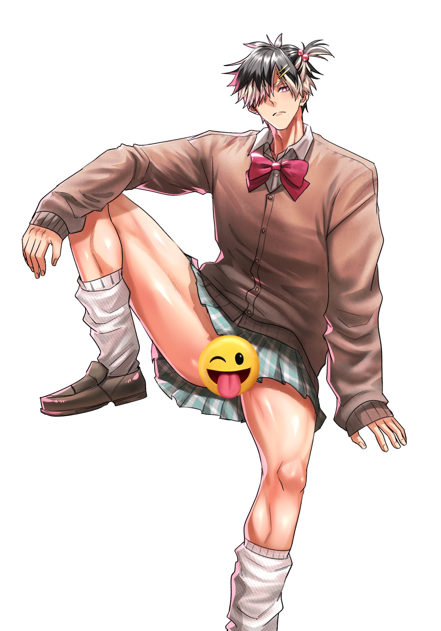 the image is a digital drawing or illustration of an animestyle male character. he appears to be a teenager, dressed in a school uniform consisting of a brown sweater, a short pleated skirt, kneehigh socks, and shoes.  his hair is short and styled with a ponytail. he is seated with one leg bent, revealing a significant portion of his thigh.  a playful/mischievous emoji is placed over his inner thigh. the overall style is suggestive and leans towards a specific subgenre of anime/manga art.