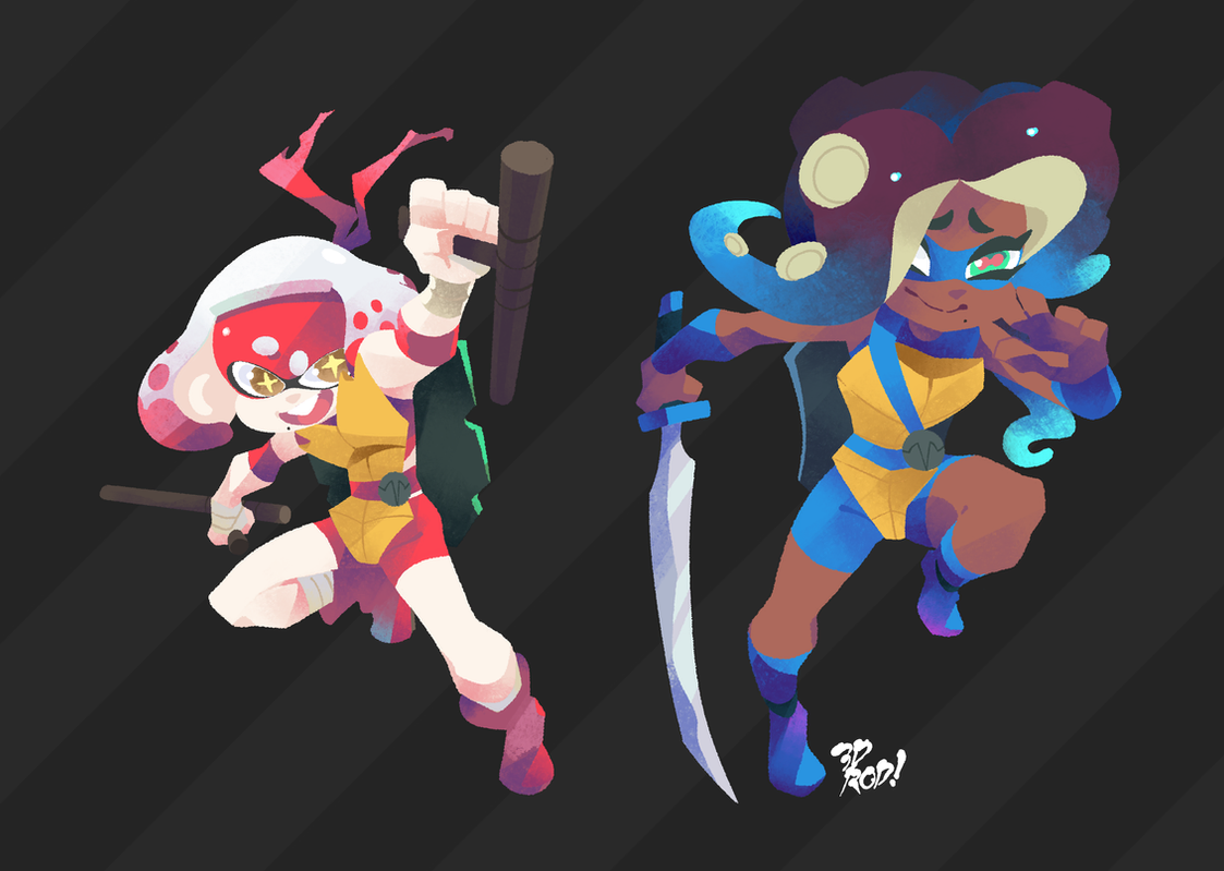 this digital illustration shows two fictional anime girl characters posing in a fighting stance against a dark background with diagonal stripes. on the left, a white, red, and yellow inkling with a red bandana is wielding a staff. on the right, a blue, yellow, and brown inkling with a light blue and pink headband is holding a sword.