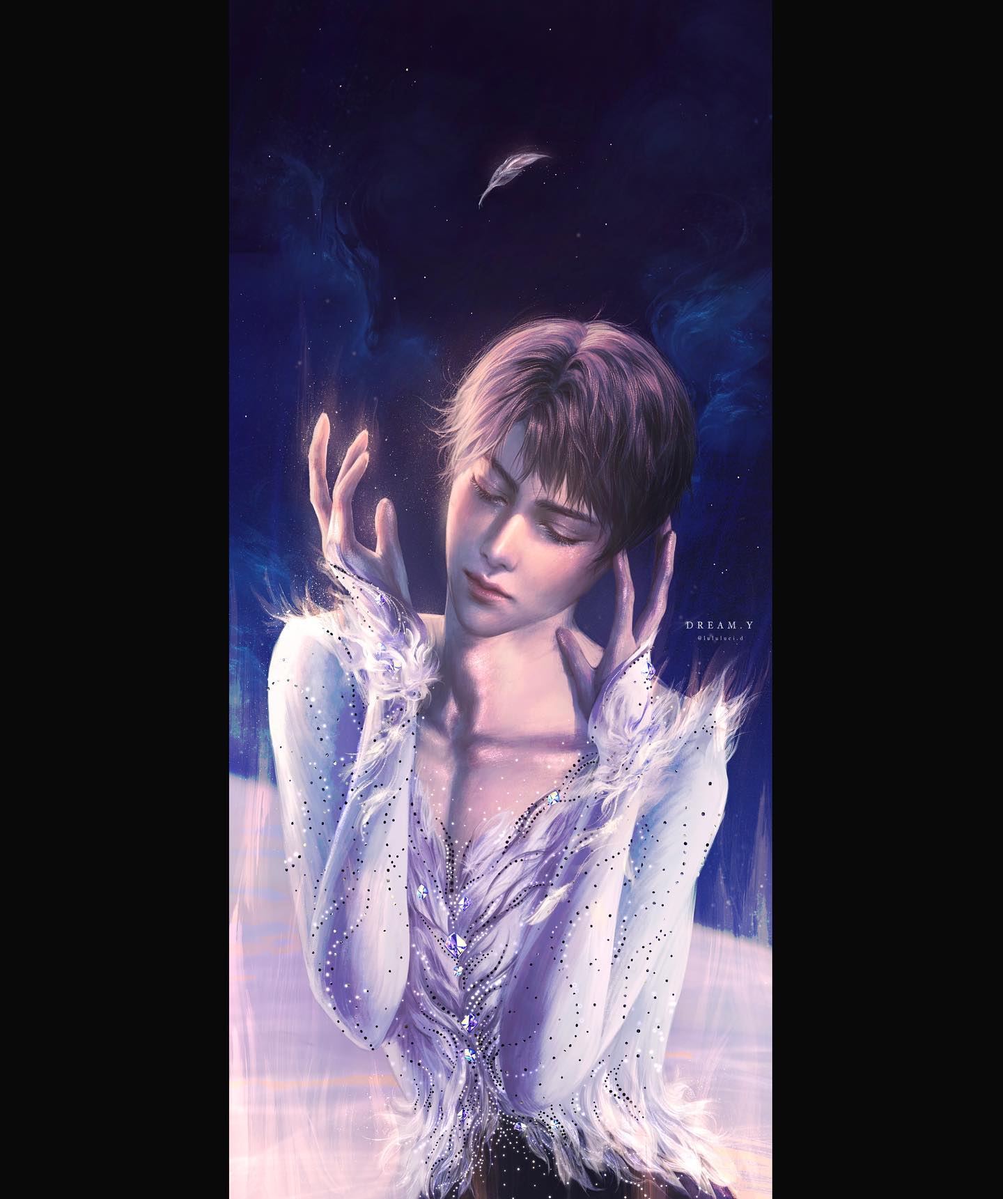 a digital illustration of a male figure skater on an ice rink with his eyes closed. he is wearing a white and purple figure skating costume with feather details and is illuminated by a spotlight from above. a single white feather falls from the sky, which is a dark blue with stars. the overall mood of the image is graceful and ethereal.