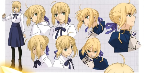 the image showcases a collection of character design sketches for saber from the fate series. multiple views and expressions of the character are presented, ranging from a formal school uniform look to  more actionoriented poses in armor.  different hairstyles and expressions are shown to demonstrate range. the style is consistent with anime and manga illustration, presenting a detailed concept art piece for the character.