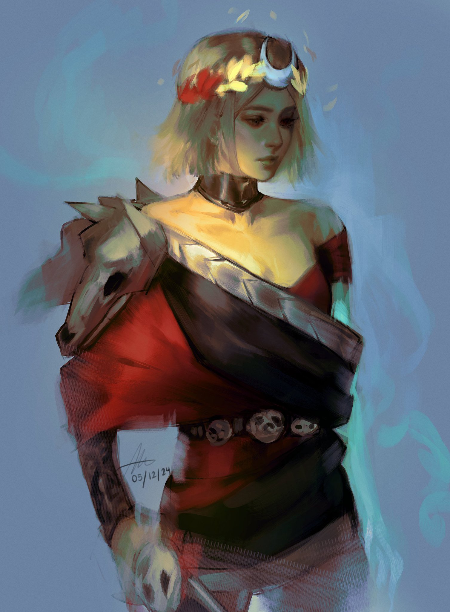 the digital painting showcases a female fantasy warrior. she possesses short blonde hair adorned with a crown featuring a crescent moon. her attire consists of a red dress, skull shoulder armor, and a belt with skull embellishments. the painting style is soft and ethereal, with subtle glowing effects and a hazy background, enhancing the mystical atmosphere. the overall mood suggests a melancholic yet powerful character.