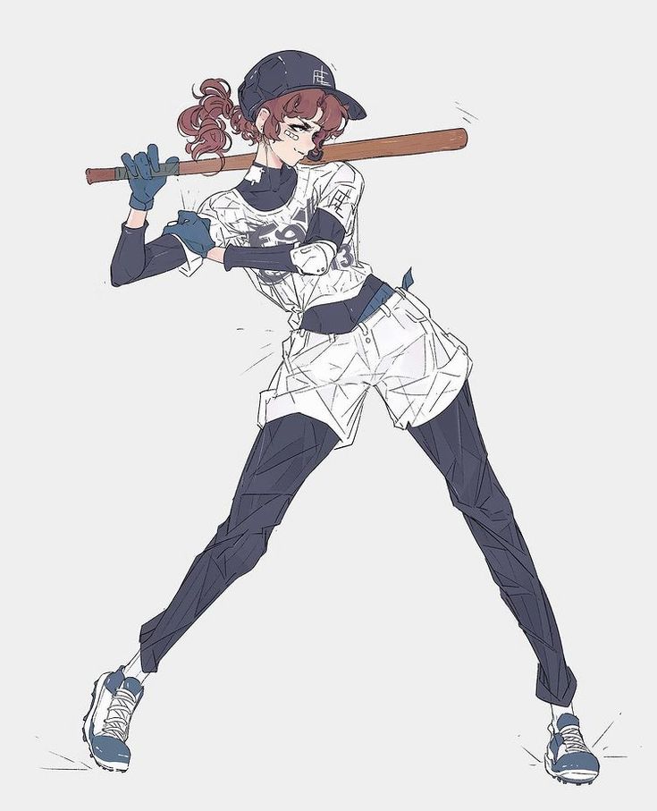 the image showcases a dynamic illustration of a female baseball player in midswing. rendered in an anime style, the athlete is captured with a determined expression, her body coiled with potential energy as she prepares to connect with the ball. she wears a classic baseball uniform with a stylized jersey and cap. the linework is confident and fluid, emphasizing the movement and athleticism of the pose. the color palette is muted, creating a sense of grounded realism.