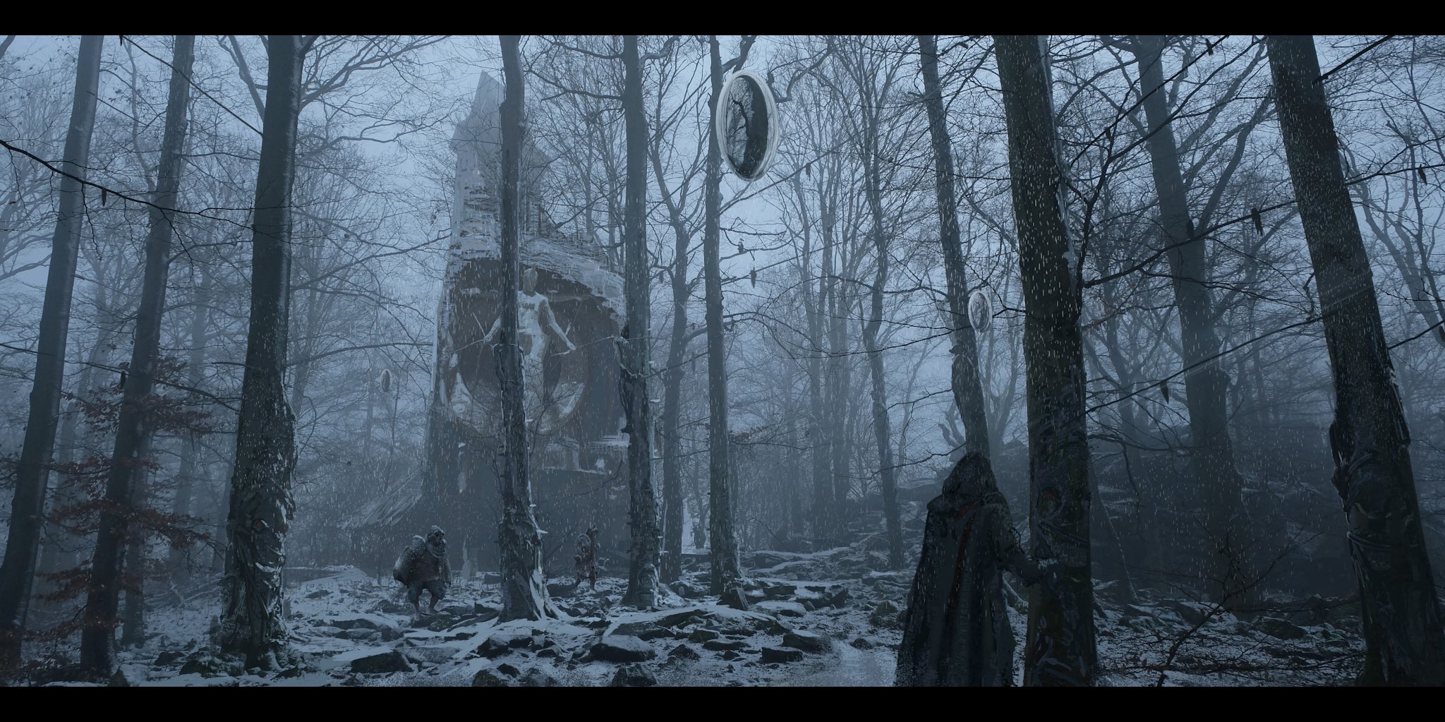 he image is a digital painting or illustration depicting a snowy winter forest scene. the foreground shows a path winding through the snowcovered ground among the trees.  in the middle ground, there are several figures, some cloaked, appearing small against the backdrop of a large, ruined stone structure resembling a building or possibly a large statue, partially obscured by snow and trees.  several circular, mirrorlike objects hang from the branches of the trees. the overall mood is dark, mysterious, and atmospheric, suggesting a fantasy or mystical setting.  the style is evocative of concept art or game art.