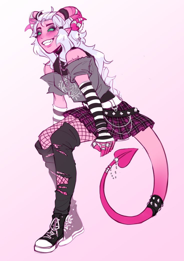 this is a digital illustration of a female anime character. she has pink skin, white hair, black horns, and a pink tail. she is wearing black and white striped sleeves, a grey shirt, a black and purple plaid skirt, ripped black pants, fishnet stockings, and black hightop sneakers. she has several silver accessories including chains, earrings, bracelets, and a belt. the background is a light pink.
