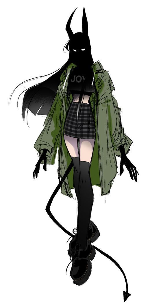 this is a black and white illustration of a girl with horns and a tail, wearing a green jacket and black skirt. the girl's face is obscured by shadow, and she has a stern expression.  she is wearing black boots and has a long black tail that curls behind her. the overall style of the illustration is dark and edgy.