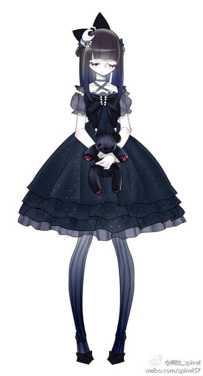 a cute anime girl in a dark lolita dress and black stockings. she is holding a black teddy bear, and her hair is styled with a white moon crescent. she has large dark eyes with white highlights. she has a black bow on her chest. she is wearing black shoes.