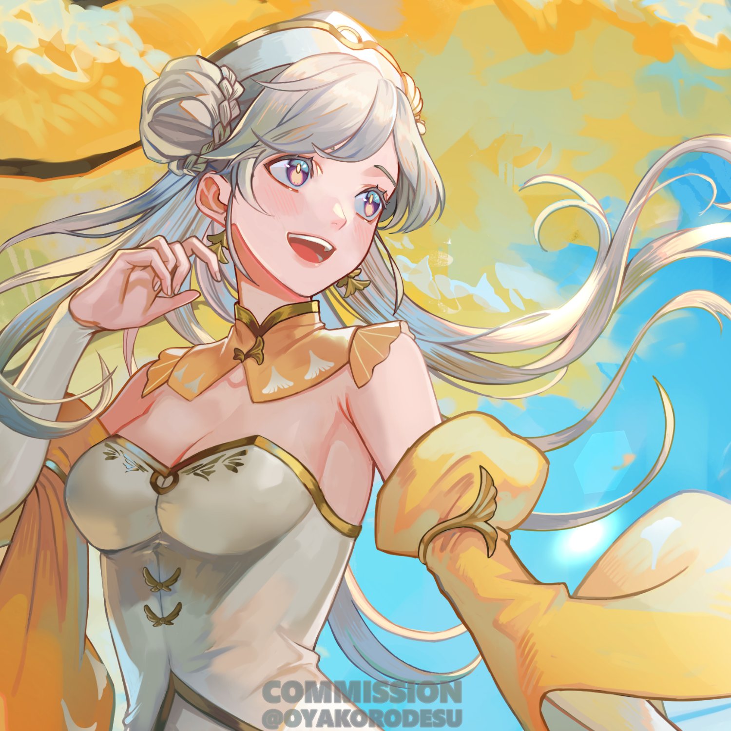 the image is a digital illustration of a beautiful anime girl with white hair. she is wearing a yellow dress and smiling happily. the background is a sunny sky with clouds. the image is in a soft and dreamy style, and it conveys a sense of joy and innocence.
