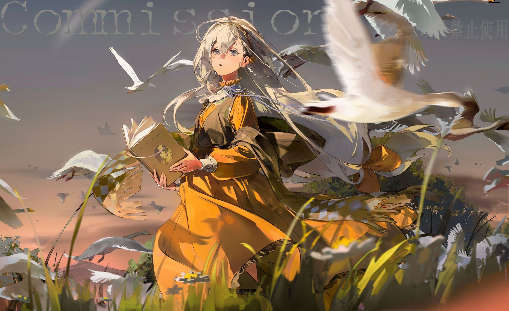 a young woman with long white hair and a flowing yellow dress runs through a field of grass and flowers.  she clutches a book in her hand.  her hair and dress billow around her as if caught in a gentle wind. numerous white birds fly around her against a warm sunset sky. the overall feeling is one of serenity and motion.