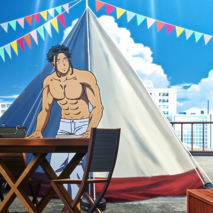 an anime screenshot depicting a muscular man with dark hair and sunglasses on top of his head. he is shirtless, showcasing a toned physique, and wearing white pants. he stands beside a wooden table with a folded white cloth and a typewriter on it. behind him is a white and blue tent decorated with colorful triangular flags. the background reveals a clear blue sky and a cityscape, indicating a rooftop setting. the overall atmosphere is bright and sunny.