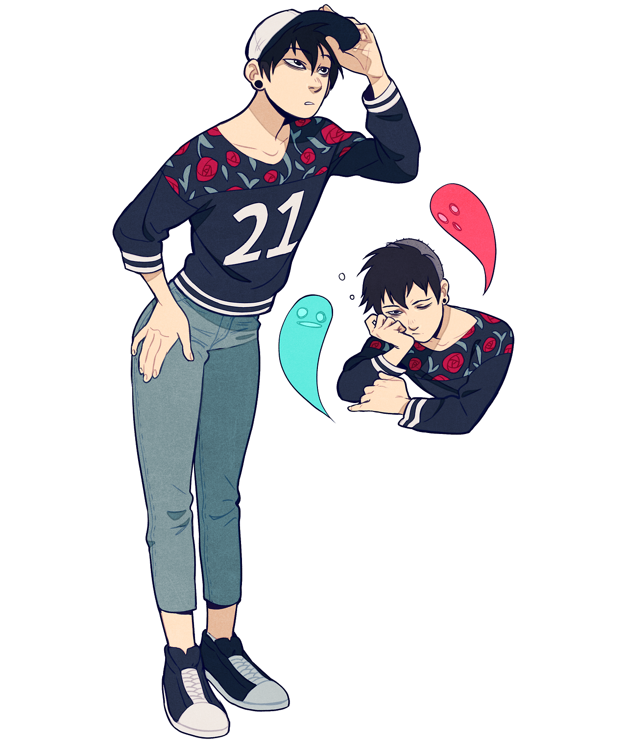 the image showcases a stylized illustration of a young man with a bored expression. he's dressed in trendy streetwear, sporting a floralpatterned sweatshirt, a baseball cap, and hightop sneakers. the number "21" features prominently on his shirt.  he stands with one hand resting on his hip, the other adjusting his cap. two cartoonish ghosts, one red and one blue, float near him. the red ghost appears tired, while the blue one looks on with a neutral expression. the overall aesthetic is modern and slightly edgy, with a touch of whimsy added by the ghosts.