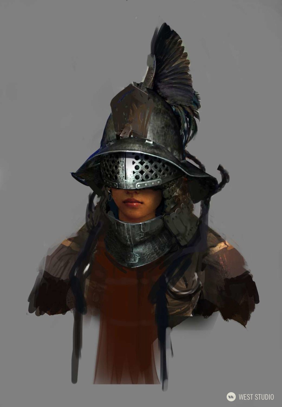 the image is a digital painting of a female warrior, likely a gladiator, wearing elaborate armor. she is depicted from the shoulders up against a plain gray background. the warrior's helmet is a prominent feature, with a metal faceplate that obscures her eyes and a large, dark plume of feathers on top. her expression is stoic and determined. the armor includes a gorget, spaulders, and what appears to be chainmail underneath a red tunic. the overall color scheme is muted and realistic, with an emphasis on browns, grays, and metallic tones.