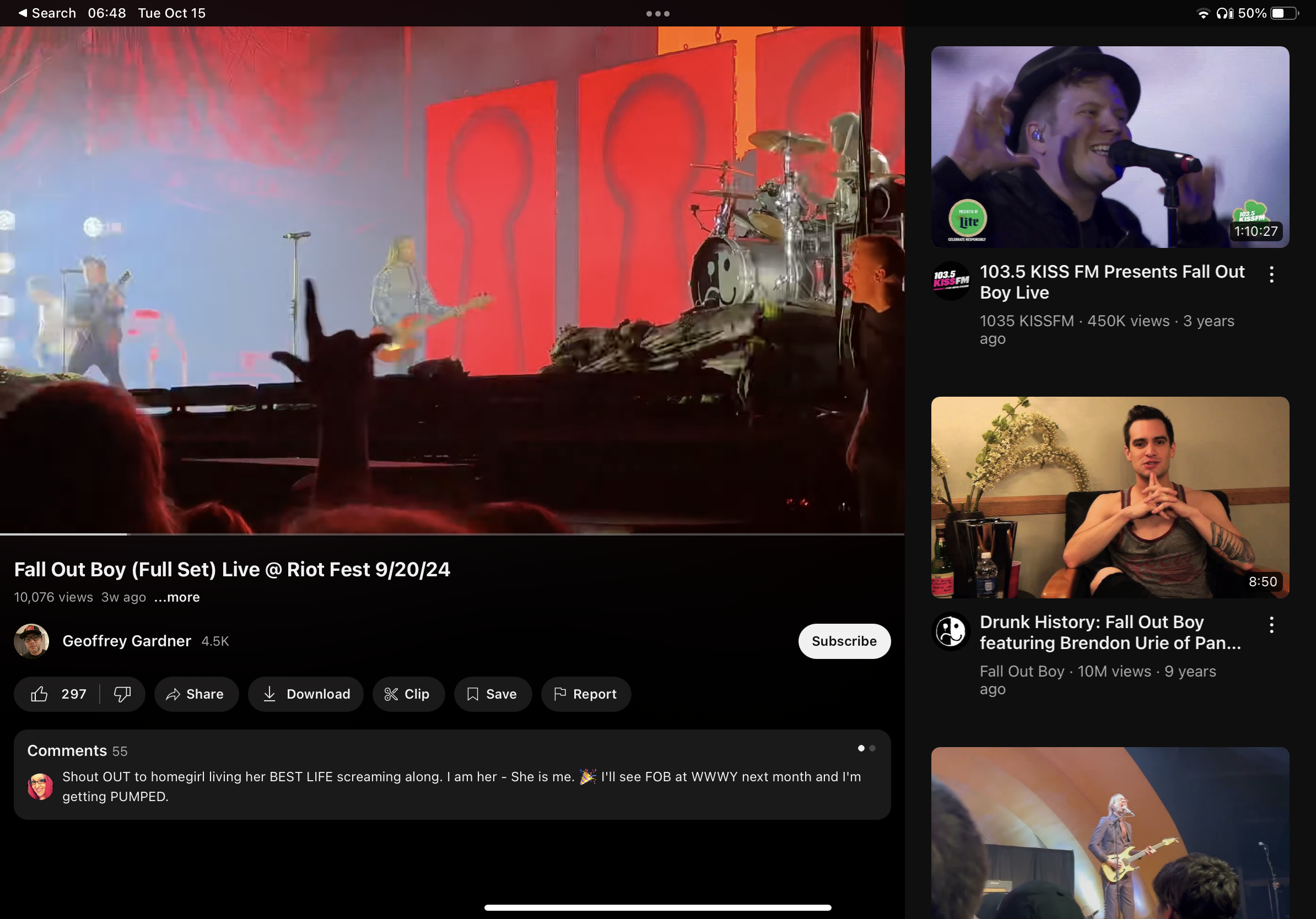 this image is from a youtube video about the band fall out boy. the video is a full set of the band performing live at riot fest 2024 in chicago. the video is from geoffrey gardner's youtube channel, and it has over 10,000 views. the video is 3 weeks old. there are three small windows on the right, showing other fall out boy related videos, one from 103.5 kiss fm, and another is an interview of brendon urie of panic! at the disco. the image also shows a comment from a fan who is very excited to see fall out boy at the concert. the comment says "shout out to homegirl living her best life screaming along. i am her  she is me. i'll see fob at wwwy next month and i'm getting pumped".