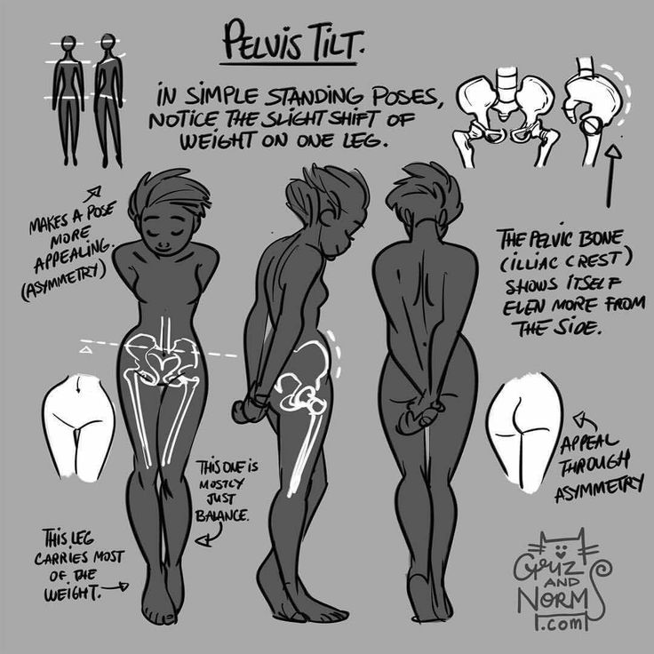 he image is a drawing tutorial focusing on pelvis tilt in simple standing poses.  it shows multiple figure drawings demonstrating how shifting weight onto one leg creates a natural pelvic tilt, and how this affects the overall appearance and appeal of the pose.  the tutorial highlights the asymmetry this creates, making the pose more visually engaging.  there are annotations explaining the concept, including how the pelvic bone (iliac crest) is more visible from the side in these poses.  the style is a stylized cartoonish anatomy, not fully realistic, intended for artistic purposes.  the artist's watermark is also present.