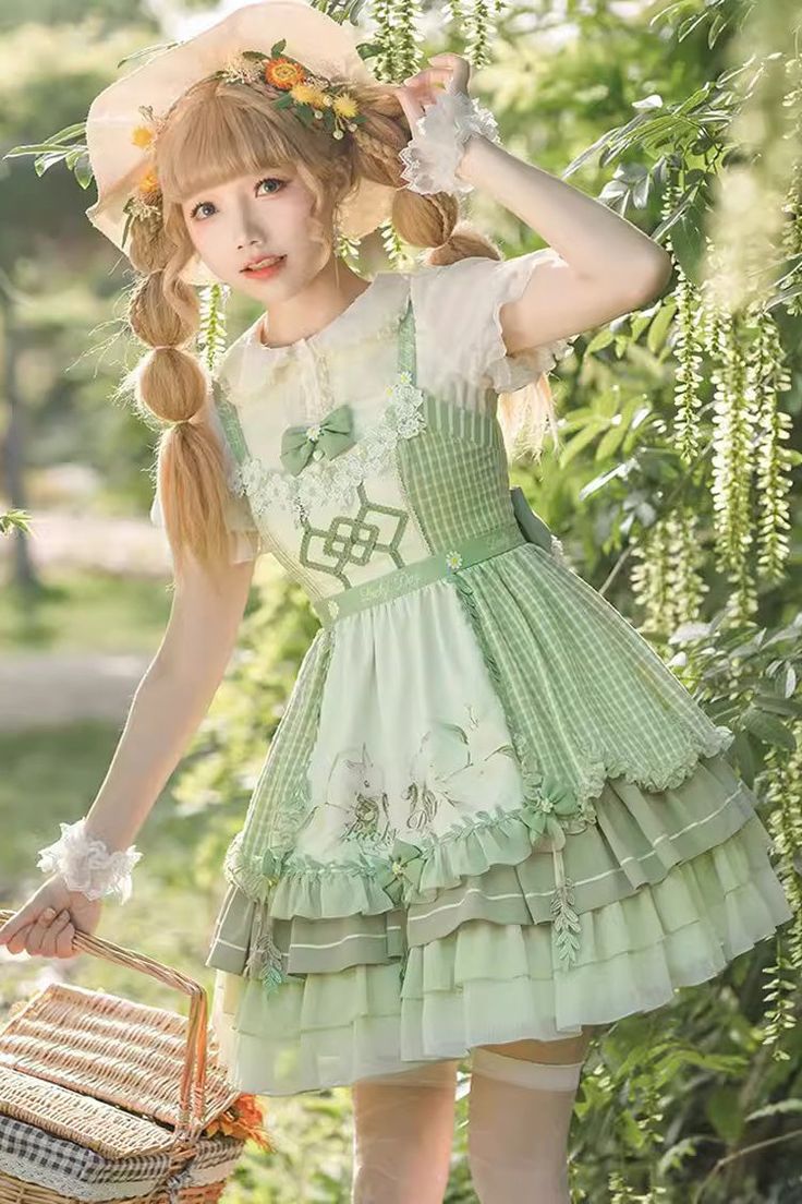 a young woman wearing a green and white lolita fashion dress is standing in a garden. she is holding a picnic basket and is smiling slightly. the dress is decorated with lace, flowers, and ribbons. the woman has long blonde hair and is wearing a straw hat. the background is a lush green garden. the lighting is soft and natural.