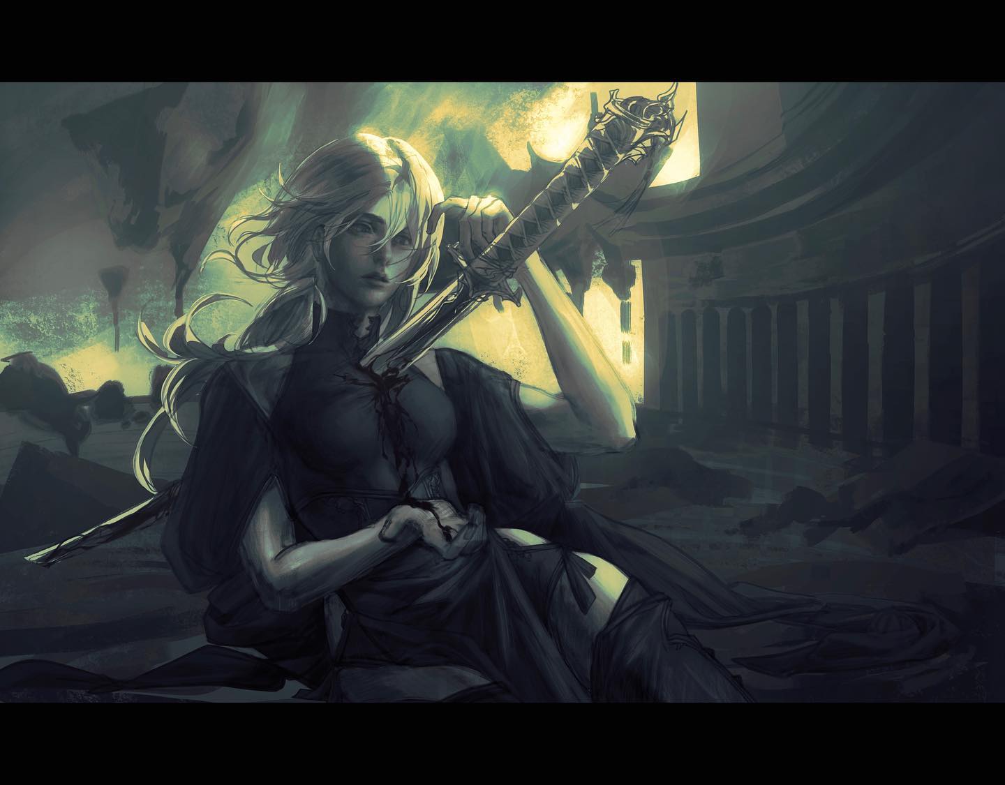 a lone female warrior with long, white hair sits slumped against rubble in the ruins of what appears to be an ancient temple. her dark clothing is torn, revealing a wound on her chest. she holds a large, ornate sword, its tip resting on the ground, stained with what appears to be blood. the lighting is dramatic, coming from a point behind and above her, casting the majority of the scene in shadow and emphasizing her isolation. the overall mood is somber and evokes a sense of loss.