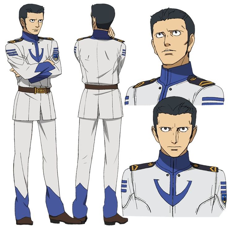 this image features a  male anime character in a military uniform. he is wearing a white jacket with blue accents,  blue pants with white accents, and brown shoes. there are three views of the character.  one is a full body view standing with his arms crossed, another is a full body view from behind and the last is a closeup shot of the character's face. the character has short black hair and a serious expression on his face. the illustration style is clean and detailed, with bright colors and bold lines.