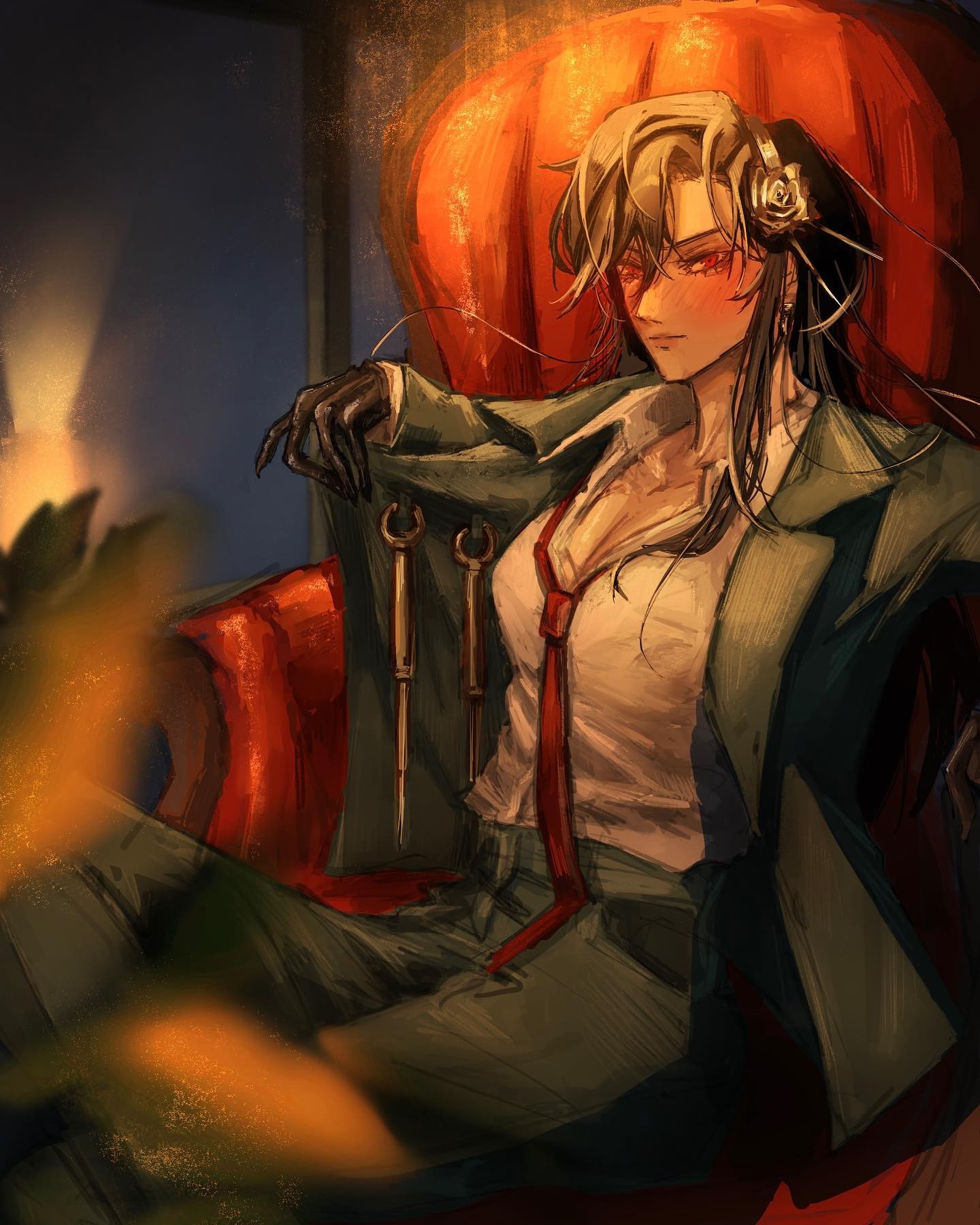 the image is a digital painting or illustration depicting a stylish animestyle woman. she is seated in a large, ornate red chair that has a pumpkinlike shape. she is wearing a darkgreen suit with a white shirt and a red tie.  she has long, dark hair, and a rose adorns her hair. she is wearing black gloves and has a somewhat serious or confident expression on her face. the setting appears to be indoors, with warm, dimly lit ambiance, possibly near a fireplace or candlelight. the overall style is artistic and evocative, blending elements of fantasy and realism.