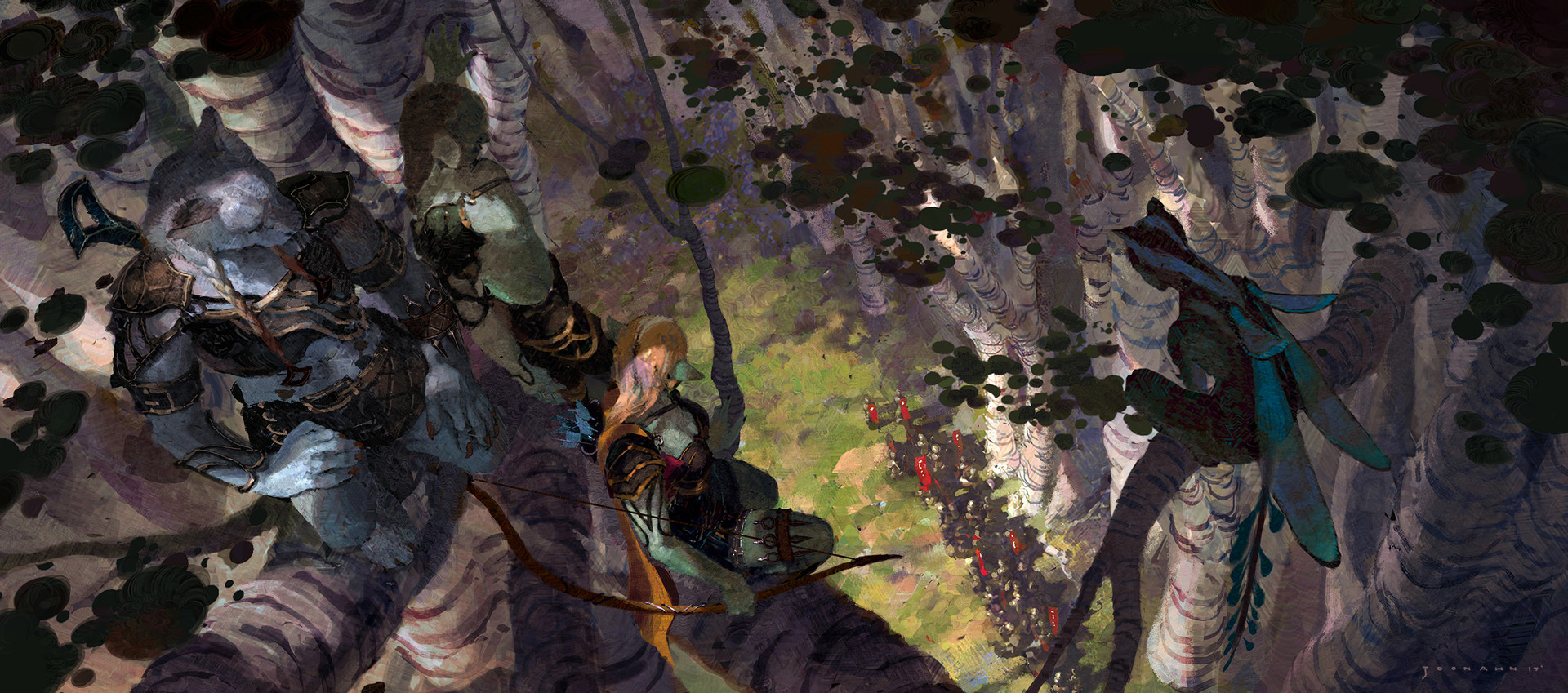 the image depicts a group of three elves positioned high up in the trees, overlooking a path below where a group of soldiers is making their way through the forest. the elves appear to be poised for an ambush, with bows at the ready. the scene is rendered in a style reminiscent of fantasy illustration, emphasizing the magic and mystery of the forest setting.