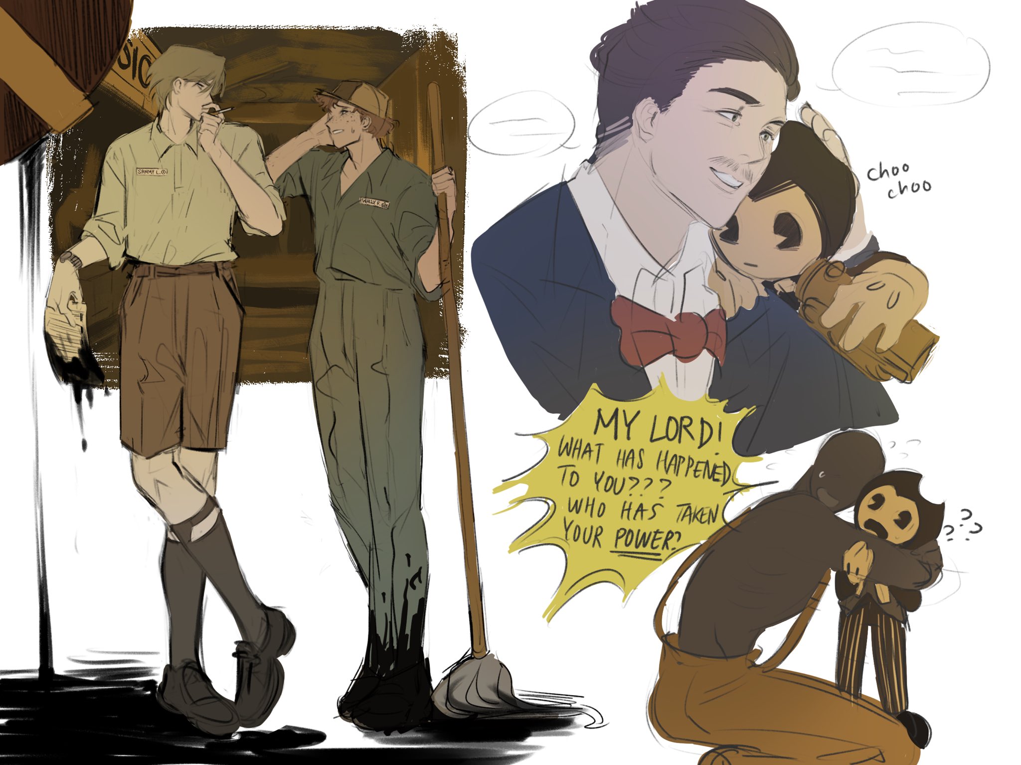 a drawing of three characters from the video game bendy and the ink machine. the first is a man in a brown suit and hat, looking shocked. the second is a man in a green jumpsuit holding a mop, also looking shocked. the third character is the ink demon bendy, hugging a small, black and white version of himself with the text, "my lord! what has happened to you? who has taken your power?".  the man in the green jumpsuit is standing in a pool of ink, as if it has just gotten there.