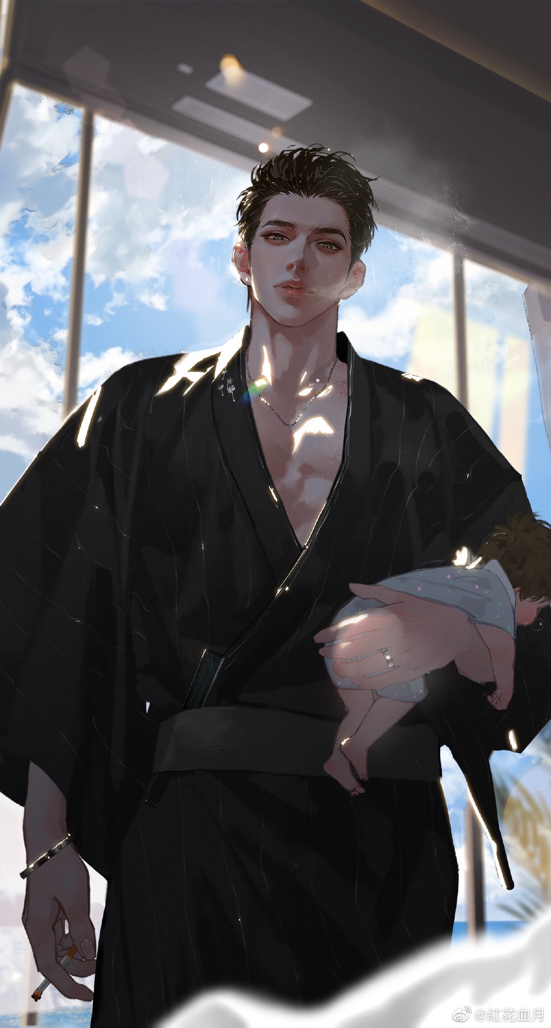 a handsome young man in a black suit and sunglasses stands holding a baby in his arms. he is looking intently at something just out of the frame, with a serious expression on his face. the man is smoking a cigarette, and the smoke is curling around his head. the background is a bright, sunny day with blue skies and white clouds. the man is standing by a window with his back to the camera. he is wearing a white shirt and a black suit jacket. the baby is wearing a white shirt and white pants. the man is looking at something just out of the frame.  the man and the baby are facing the viewer.