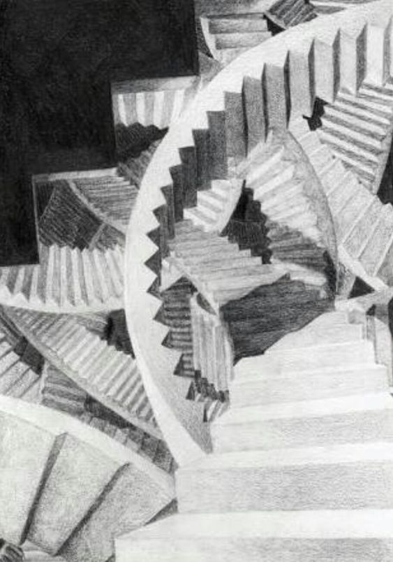 the image showcases a meticulously detailed pencil sketch of an intricate and impossible staircase. rendered in various shades of gray, the staircase seems to fold in on itself, creating a disorienting and surreal visual experience. the steps appear to ascend and descend simultaneously, defying the laws of physics and perspective.