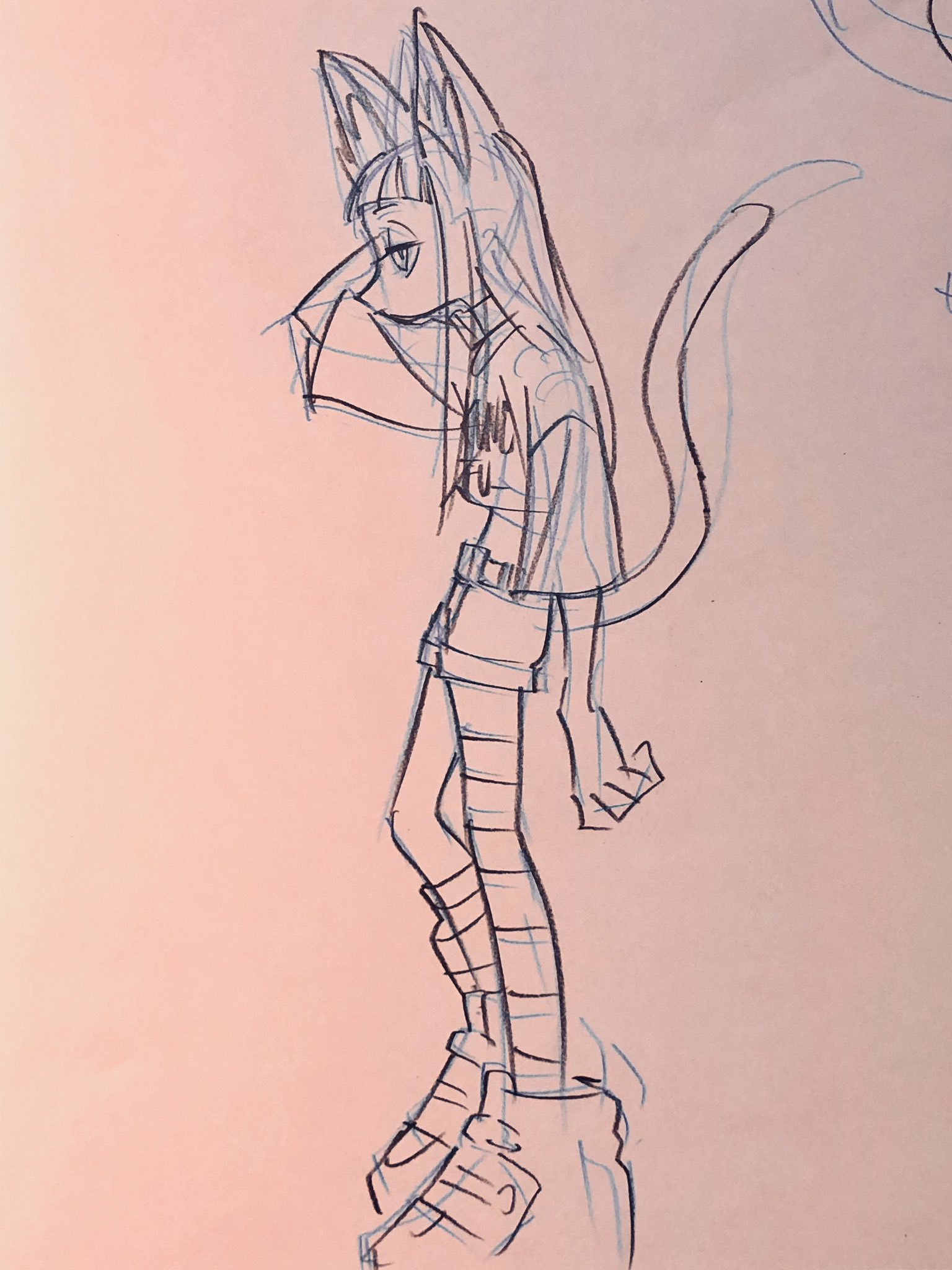 it is a sideview sketch of a girl with cat ears and a tail. she has long hair and is wearing a tshirt, shorts, striped stockings, and boots. she has her right hand raised to her face.