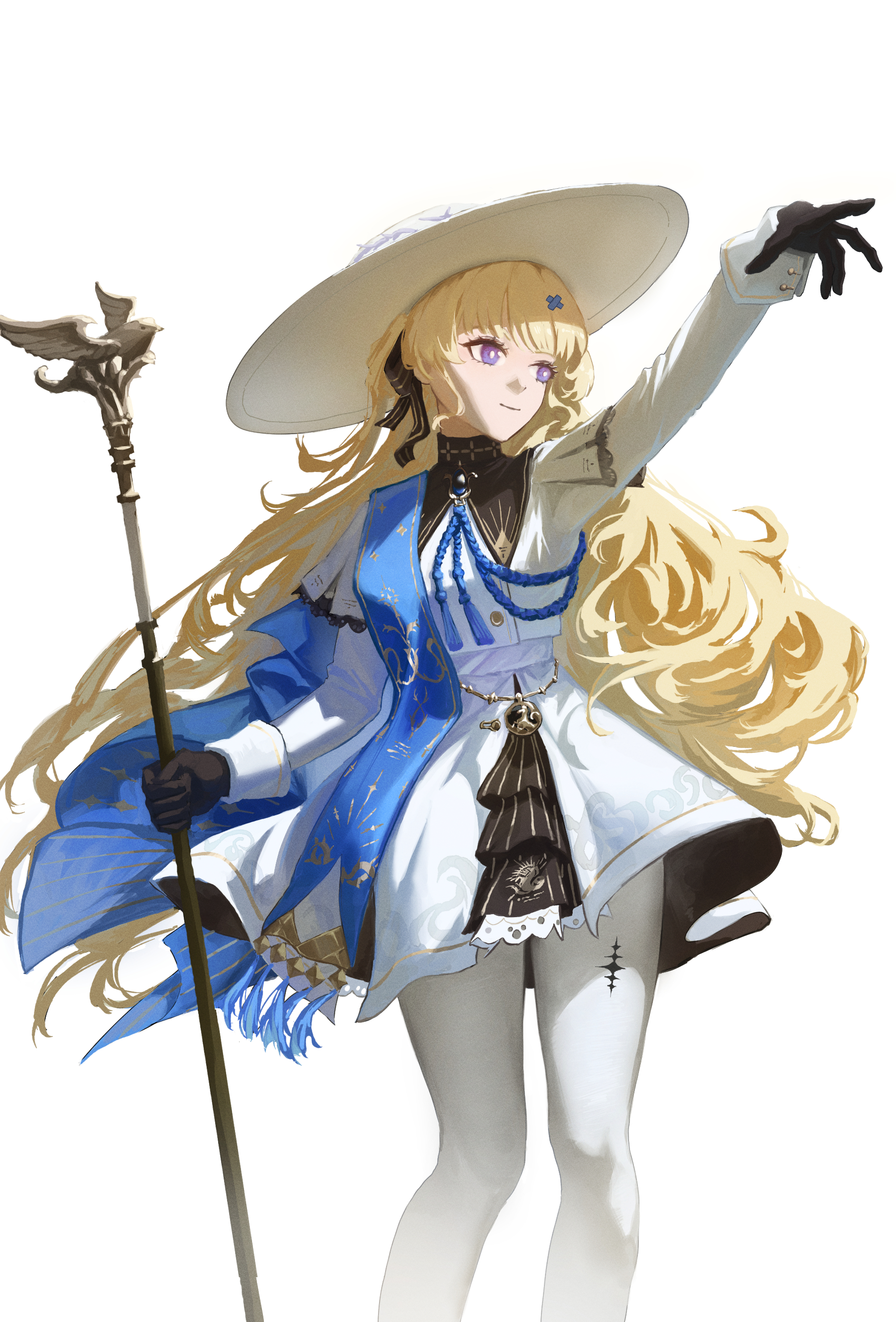 he image is a digital painting or illustration of an animestyle girl with long blonde hair. she's wearing a large white hat, a white dress with a blue scarf, and gloves. she's holding a staff with a birdlike figure on top and is pointing with one hand, giving the impression of a magical girl or fantasy character. the style is soft and slightly painterly, with a focus on light and shadow. the background is plain white, making the character the focal point.