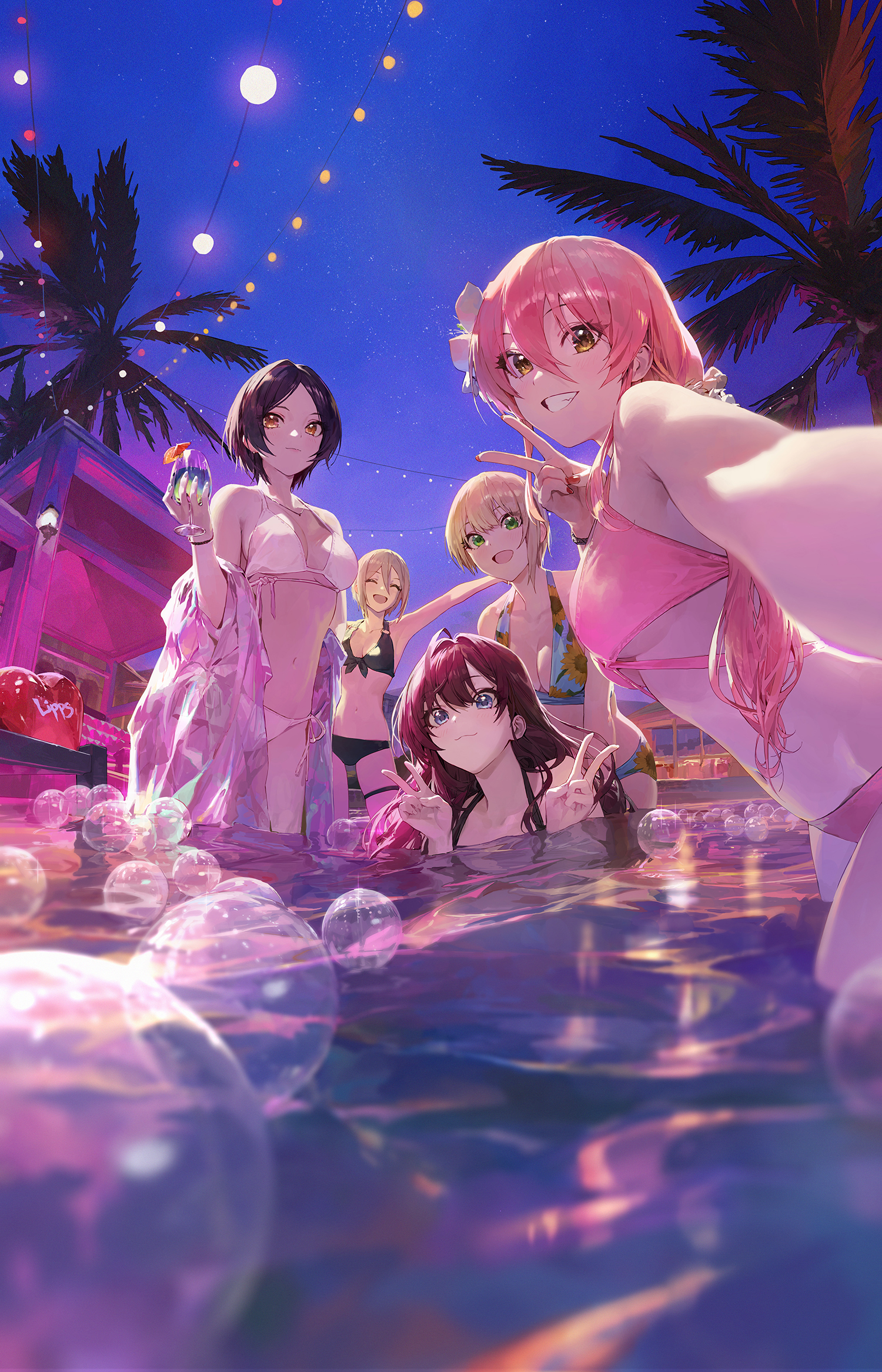 the illustration shows five girls enjoying a nighttime pool party at a tropical resort. the perspective is from within the pool, looking up at the girls as they pose and play. the warm, vibrant lighting and festive atmosphere create a sense of fun and excitement. palm trees frame the background, and strings of lights add to the celebratory ambiance. bubbles float in the pool, further enhancing the playful mood.