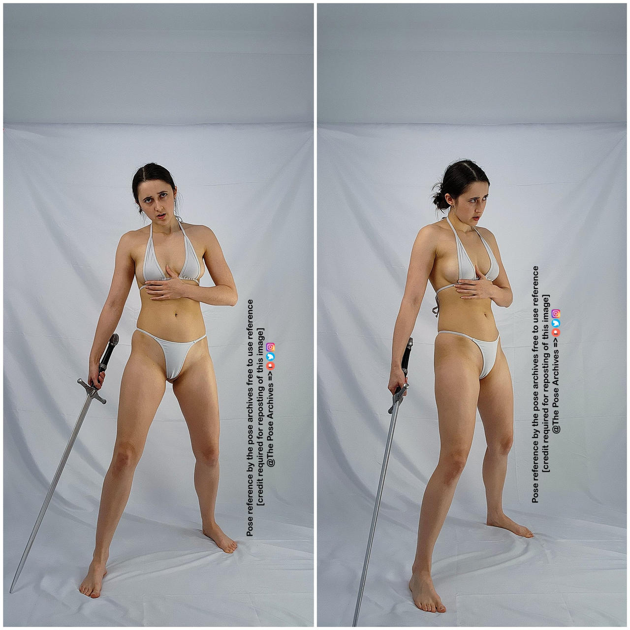 a woman in a white bikini stands with a sword in each hand in front of a white backdrop.  she is positioned for artists to use as a pose reference.