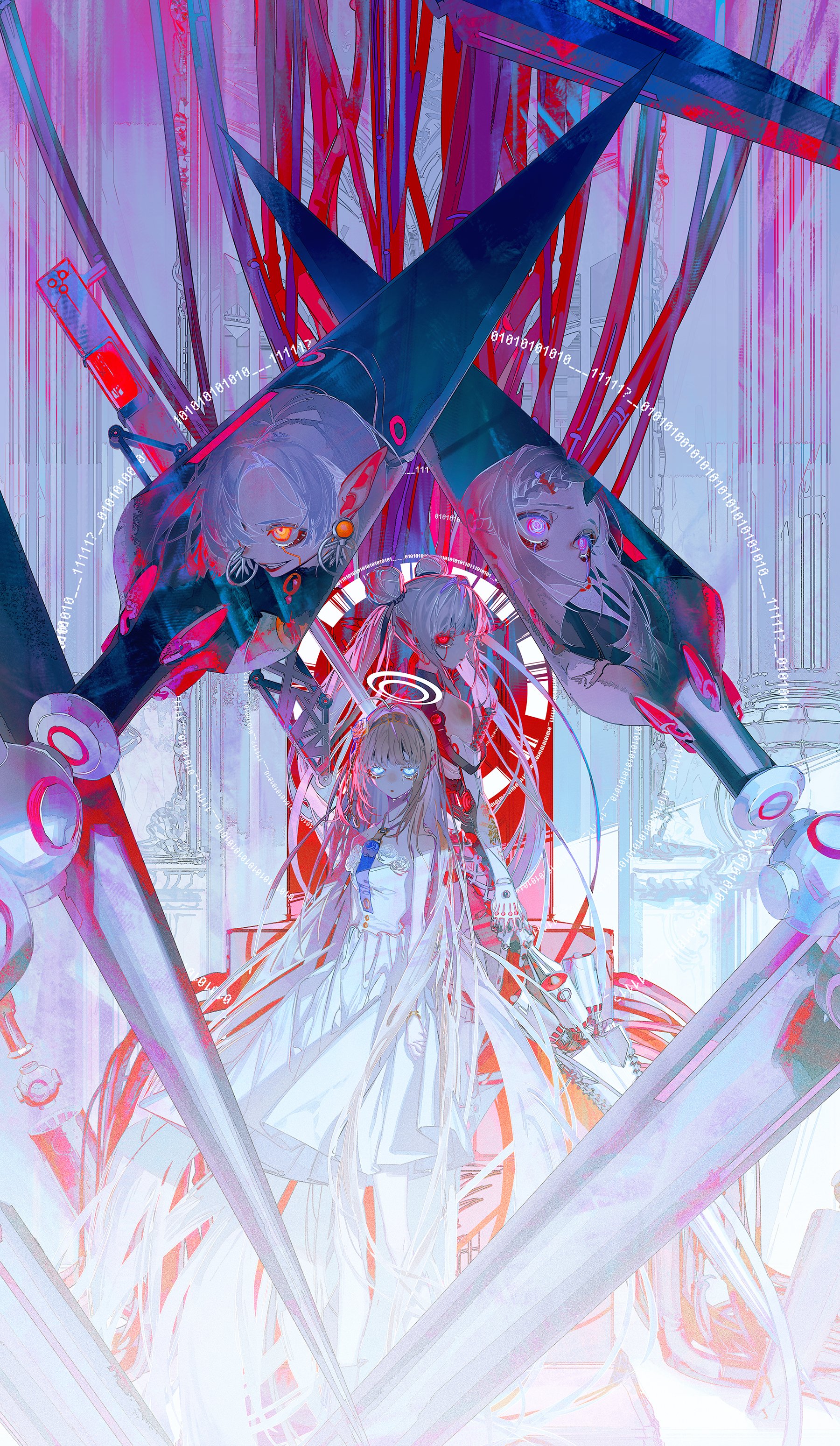 the image features a group of three anime characters, all wearing white dresses, in the center of a swirling, pink and blue abstract background. the image seems to feature a futuristic setting with all the characters wielding unique swords. the swords are covered in various lines, including lines in the shape of angel wings. the characters have unique hair colors, one has blue hair, one has pink hair, and the other has red hair. one character is wearing a halo. the image seems to be set against a futuristic background, with a swirling mix of pink and blue lines. the image is digitally drawn.