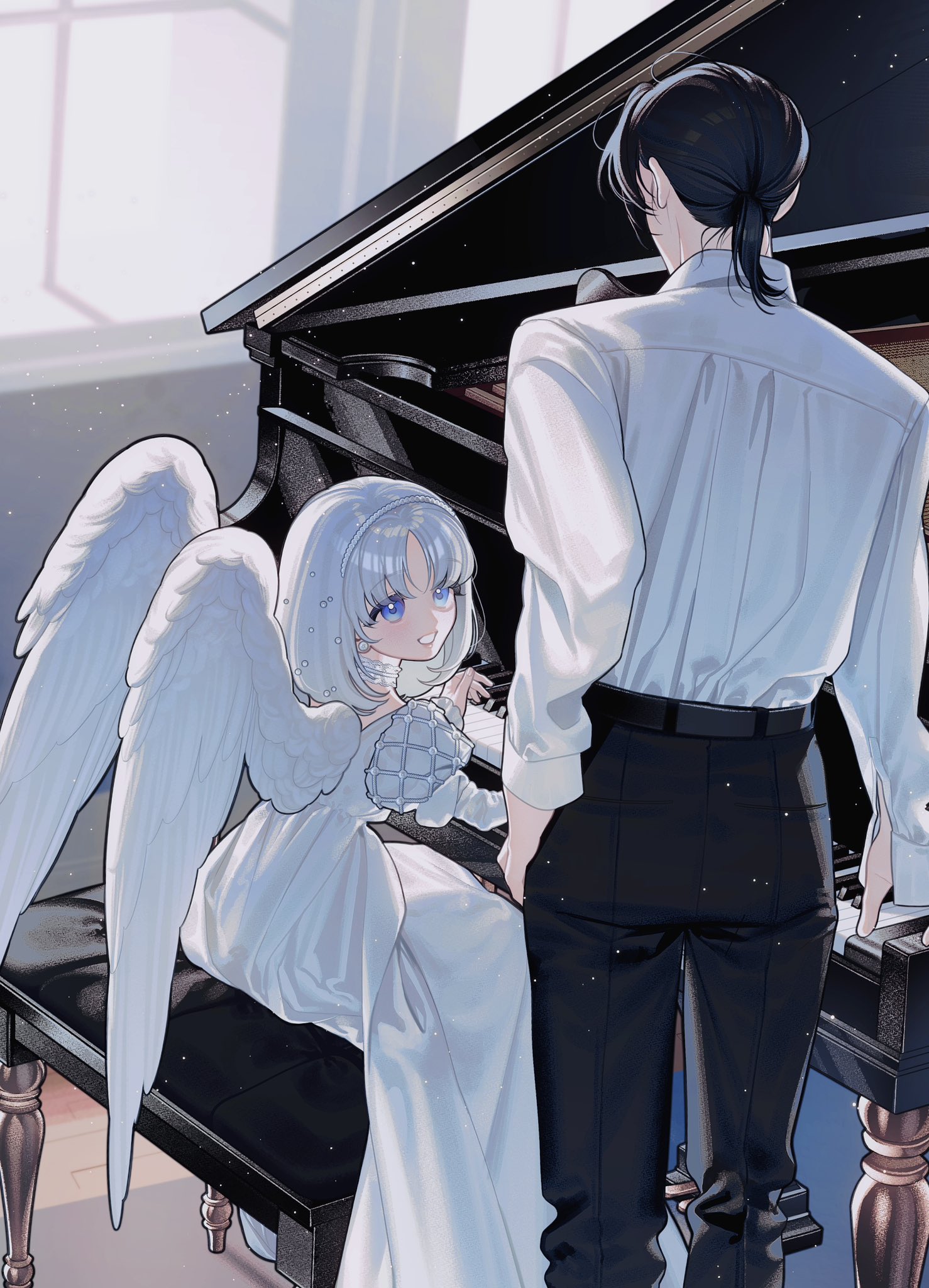 the image is a digital painting of an animestyle scene. a young girl with angel wings and a white dress is sitting at a grand piano, playing alongside a man with dark hair and a lightcolored shirt. the overall style is elegant and peaceful, with soft pastel colors dominating the palette. the girl's wings are large and feathery, and her dress is long and flowing. the man is standing behind her, his hands seemingly guiding hers on the keys. the background is softly blurred, suggesting a room with large windows letting in natural light. the overall mood of the image is romantic and serene.