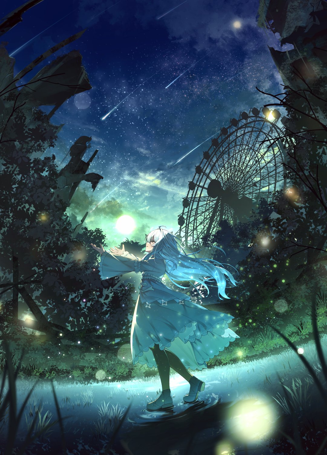 an animestyle illustration depicts a girl with white and blue hair standing in a puddle under a starry night sky. she is wearing a light blue dress adorned with stars and is surrounded by trees. a ferris wheel looms in the background. shooting stars streak across the sky, adding to the magical and fantastical atmosphere. the moonlight casts a soft glow on the scene, and there are small glowing orbs floating around.