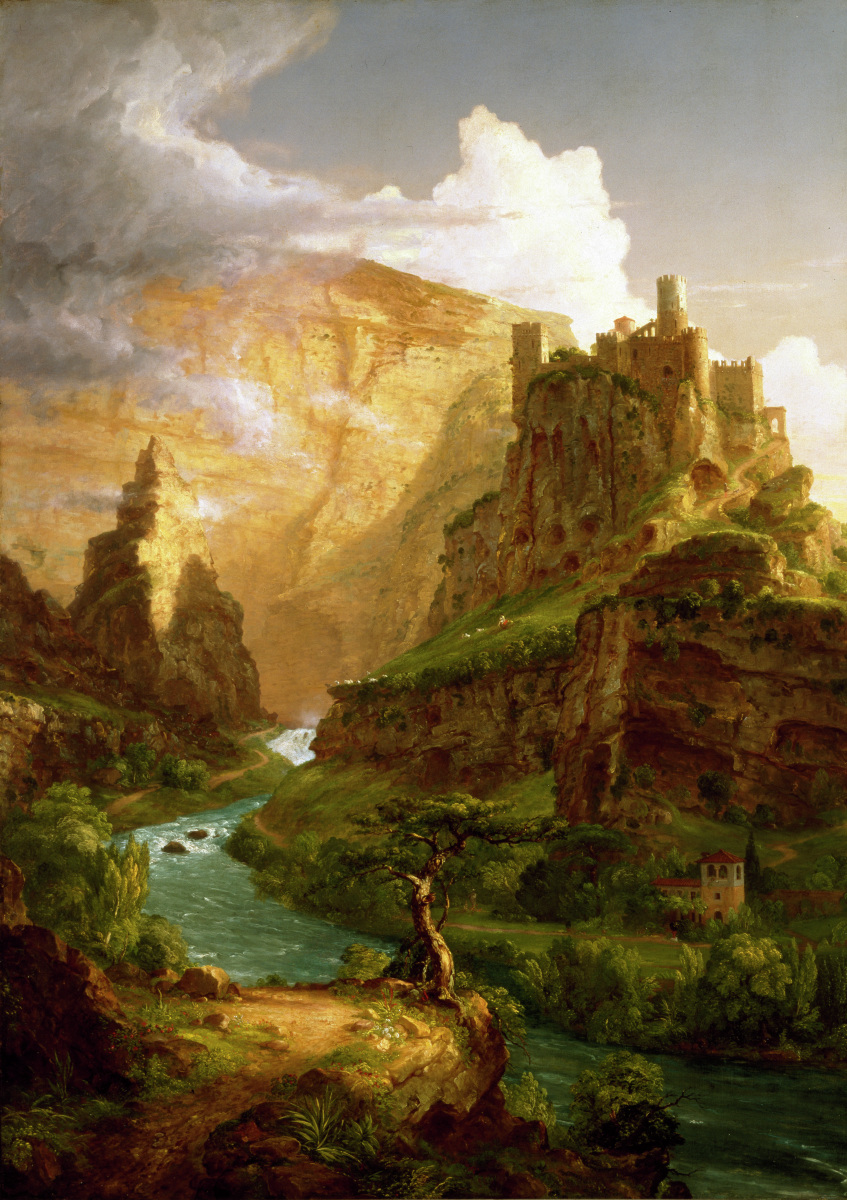 a landscape painting depicts a river flowing through a valley surrounded by tall mountains and cliffs. a large castle sits atop a high cliff on the right side of the image. the sky is filled with clouds, and sunlight illuminates parts of the landscape. the painting features detailed rendering of the natural elements and the architectural details of the castle.