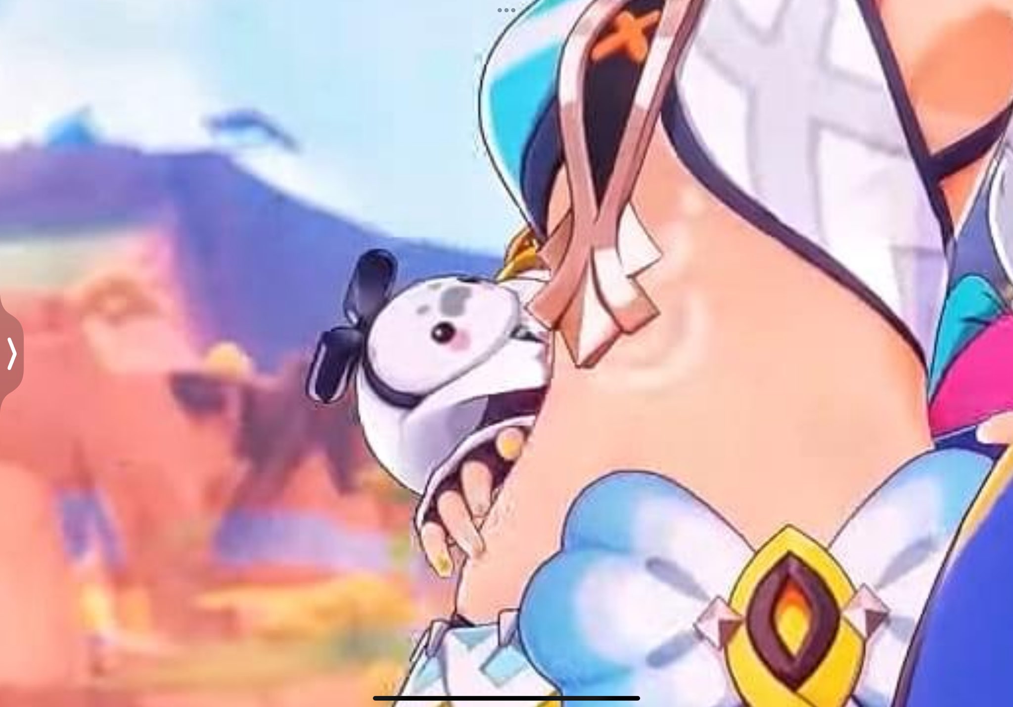an anime girl with blue and white hair, is holding a small white and black robot doll with cute pink cheeks.  the girl is wearing a white shirt and blue skirt with a yellow ribbon on her stomach. her face is smiling and she is looking at the doll with love.