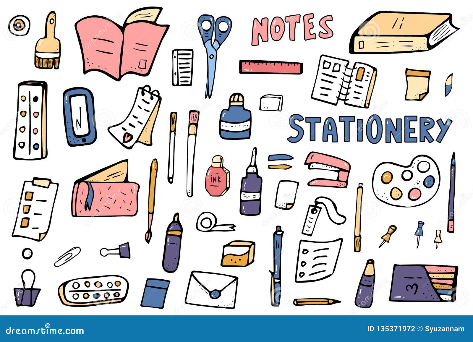 the image showcases a whimsical collection of handdrawn stationery items.  rendered in a playful, doodlelike style, the illustration features a variety of objects associated with school, office work, and art. there are open and closed books, notebooks, pens, pencils, paper clips, rulers, paintbrushes, ink bottles, scissors, an envelope, tags, push pins, a stapler, tape, and artist palettes. the vibrant color scheme adds to the cheerful and energetic vibe of the image.