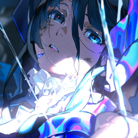a closeup illustration of a young woman with dark hair and blue eyes. she appears to be injured, with scratches on her face and shards of what looks like glass piercing her chest. her expression is a mix of pain and determination. the art style is anime/manga, and the background is abstract with streaks of bright blue and purple light, creating a dramatic and fantastical atmosphere.