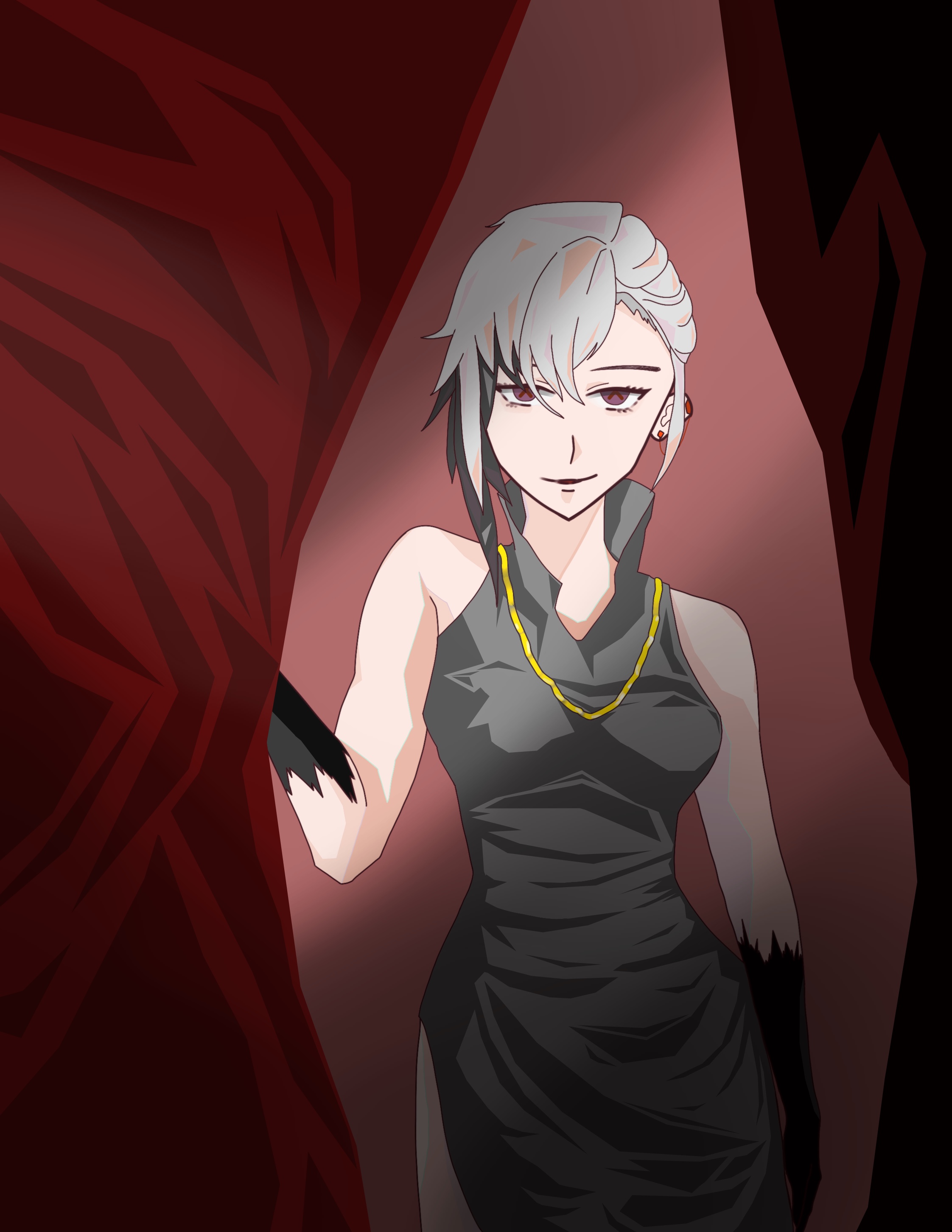 a woman in a black dress stands partially concealed by a red curtain, illuminated by a spotlight. she holds the curtain with one hand and gazes directly at the viewer with a confident smile. her attire and the dramatic lighting create an aura of elegance and mystery.