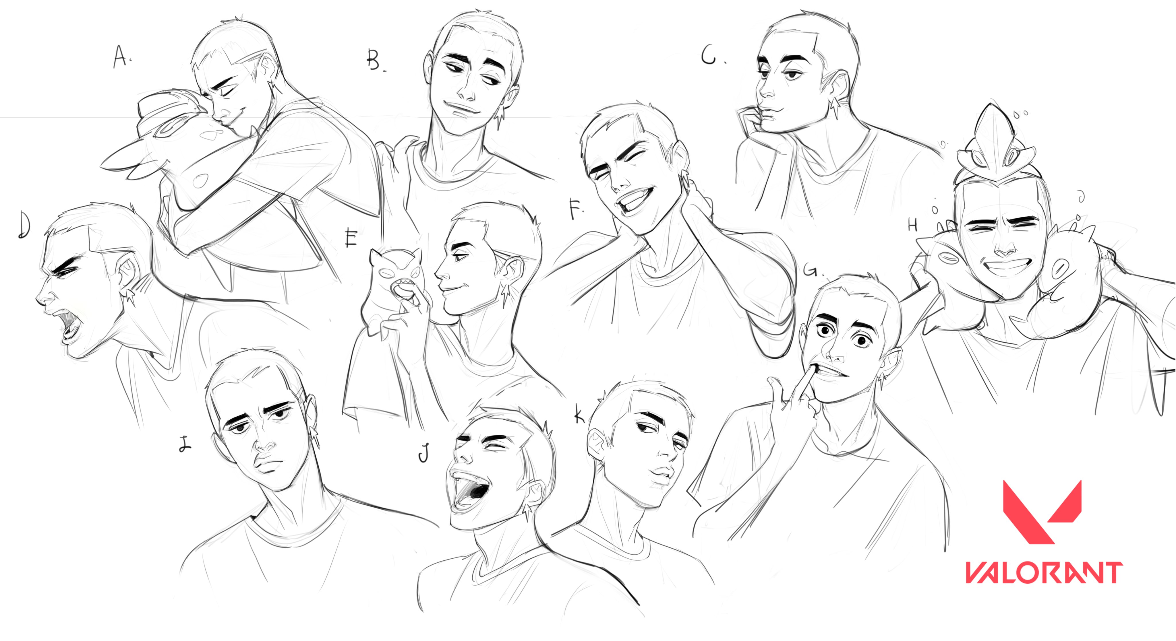 he image presents a series of sketches showcasing a young male character, likely for a video game or animation project. the style is reminiscent of anime or manga, with clean lines and dynamic poses. the character is shown in various expressions ranging from happy and playful to serious and even slightly aggressive.  he is sometimes depicted interacting with a small creature, possibly a pet. the overall style suggests character development and exploration of different looks and moods for a single character. the valorant logo is included, suggesting the character is related to this game.  each sketch is lettered ak, for easy identification and reference.