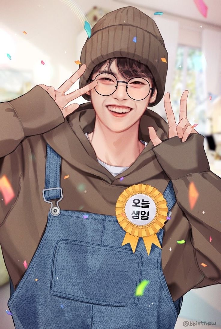 the illustration features a young man beaming with joy. he's wearing a brown beanie, a brown hoodie, and denim overalls. he's giving a double peace sign while sporting round glasses and a cheerful smile. confetti rains down around him, and a gold award ribbon with korean writing adorns his chest, adding to the celebratory atmosphere of the scene.