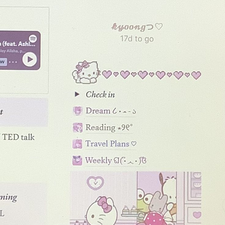 the image is a planner or todo list with cute cartoon characters. the background is light green and the text is pink. the top of the image has a line of pink hearts with a kawaiistyle hello kitty character. there are check boxes for different activities with cute characters. there's a little hello kitty character in the bottom right corner. the text reads: 17d to go check in dream ૮১ reading १९° travel plans♡ weekly
