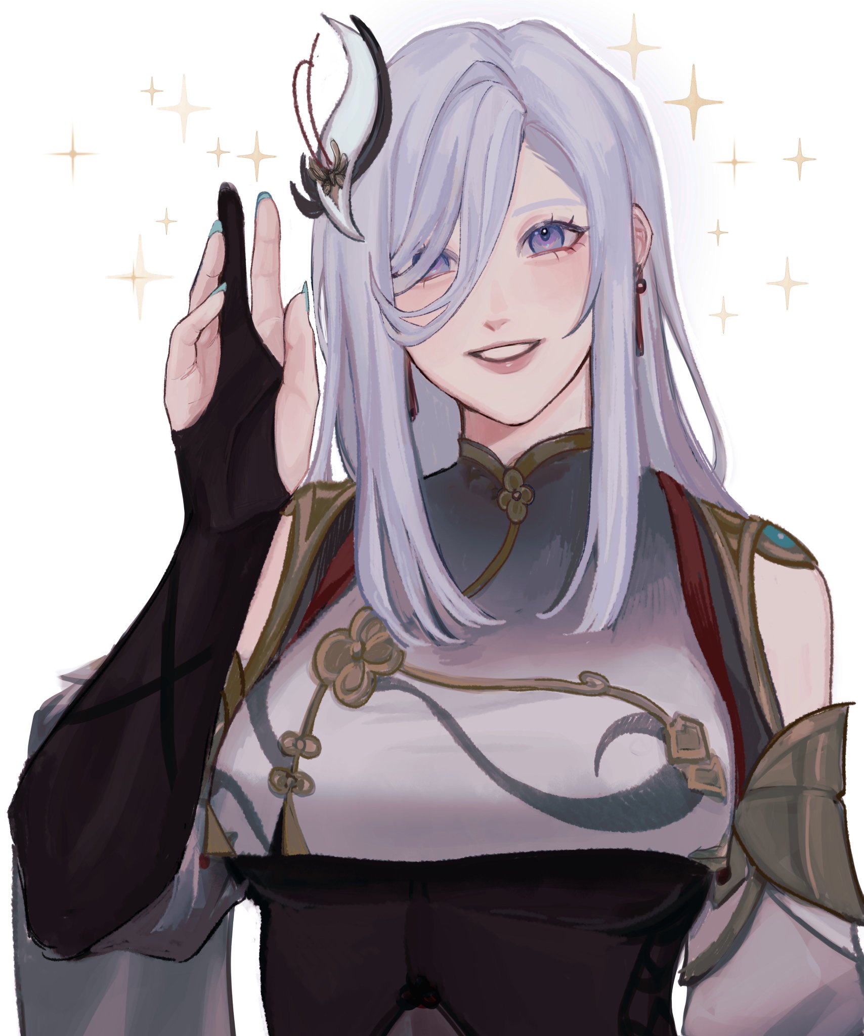 an animestyle drawing of a girl with white hair and purple eyes. she is wearing a chinesestyle dress with black gloves. she is smiling and has a happy expression on her face. the background is white with sparkle effects.