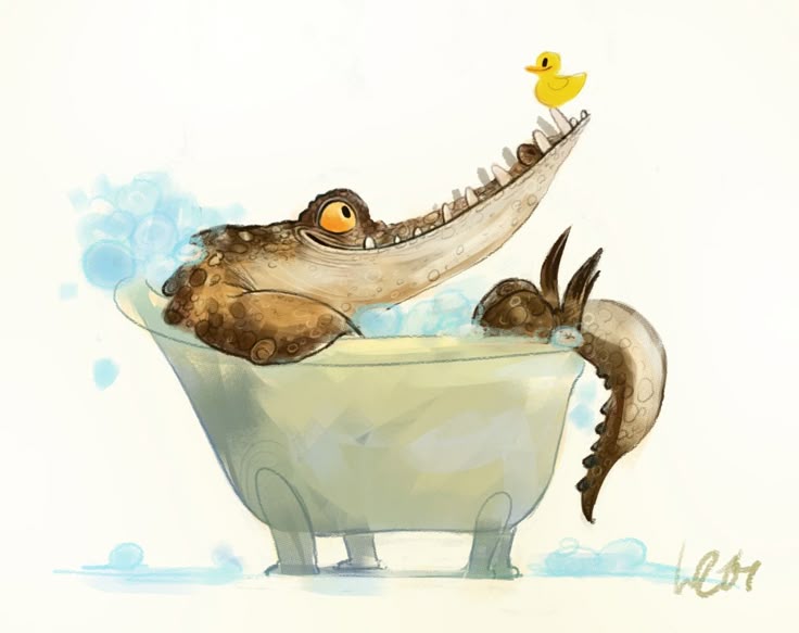 an illustration of a cartoon crocodile or alligator in a bathtub with a yellow rubber duck sitting on its snout. the crocodile is surrounded by bubbles and appears to be enjoying the bath. the style is whimsical and humorous.