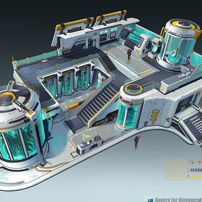 a bird'seye view of a futuristic, multilevel research facility. the building is predominantly white and gray with accents of teal. it features various modules, platforms, walkways, and cylindrical chambers that seem to house experiments. two tiny figures are visible on the ground level, hinting at the scale of the structure. the image is bathed in bright sunlight.