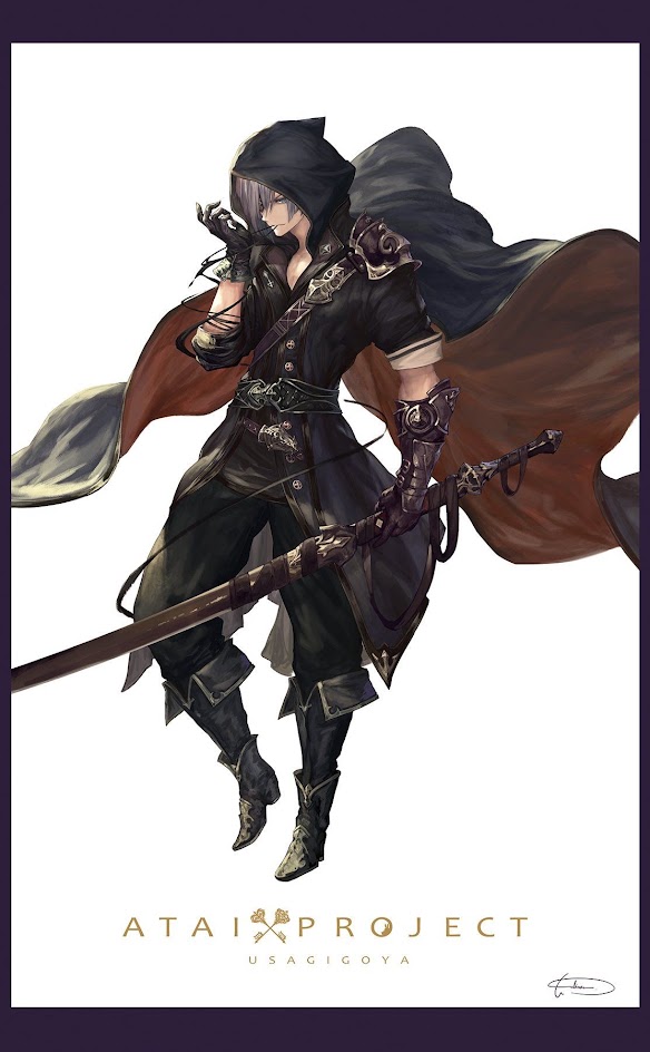 a digital art piece with a character from the ata project by usagicoiya, drawn in a dark, animeesque style. the character is a male warrior, clad in a dark cloak and ornate armor, holding a sword and standing in a pose of power. the character has white hair and purple eyes, and the background is white.