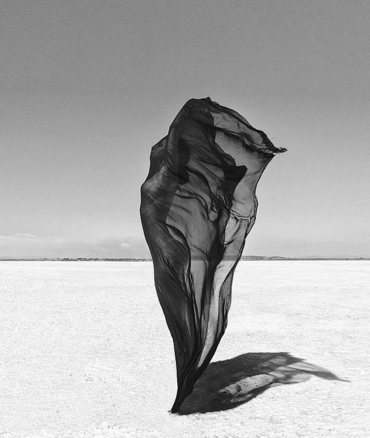 a black fabric sculpture stands tall in a stark white desert landscape. the fabric is billowing in the wind, creating a sense of movement and energy. the black and white color scheme adds to the minimalist aesthetic of the image. the sculpture's shadow stretches out behind it, creating a dramatic contrast with the bright white sand.