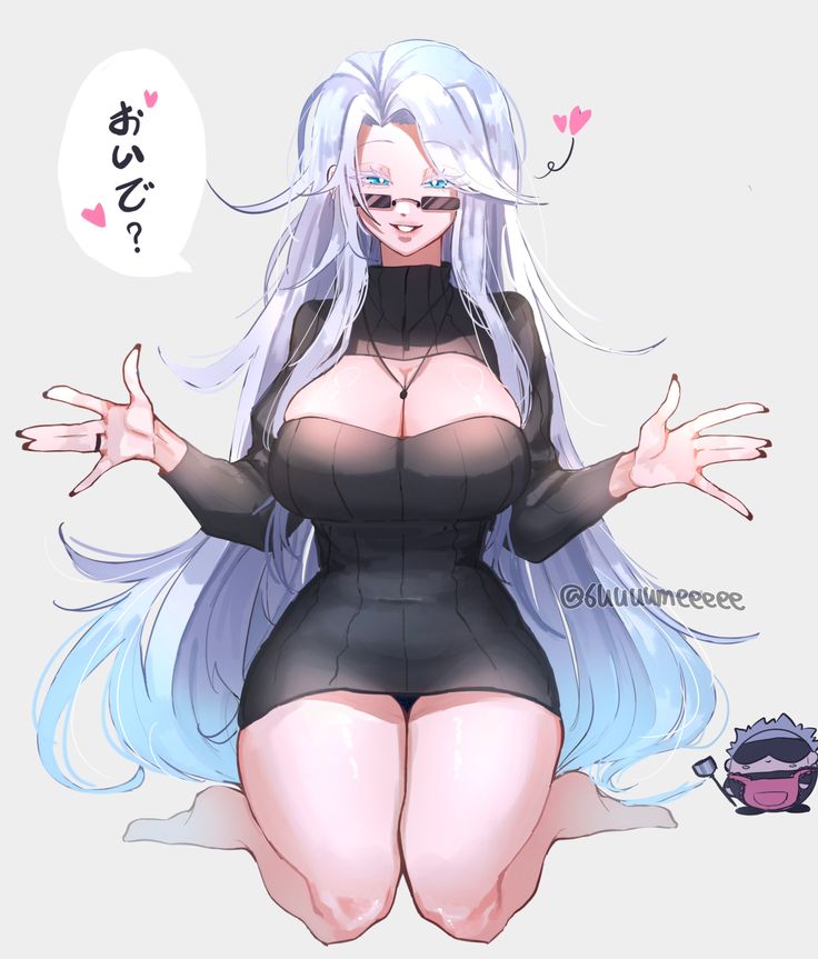 the image is a digital drawing of an animestyle female character with long, flowing white and light blue hair. she's wearing a black turtleneck mini dress and sunglasses.  she's kneeling and has her arms outstretched in a welcoming gesture. a speech bubble near her head contains japanese text that likely translates to a greeting or question.  a smaller, chibistyle character is visible in the bottom right corner. the overall style is cute and slightly suggestive. the art is softly rendered with a focus on smooth lines and shading.