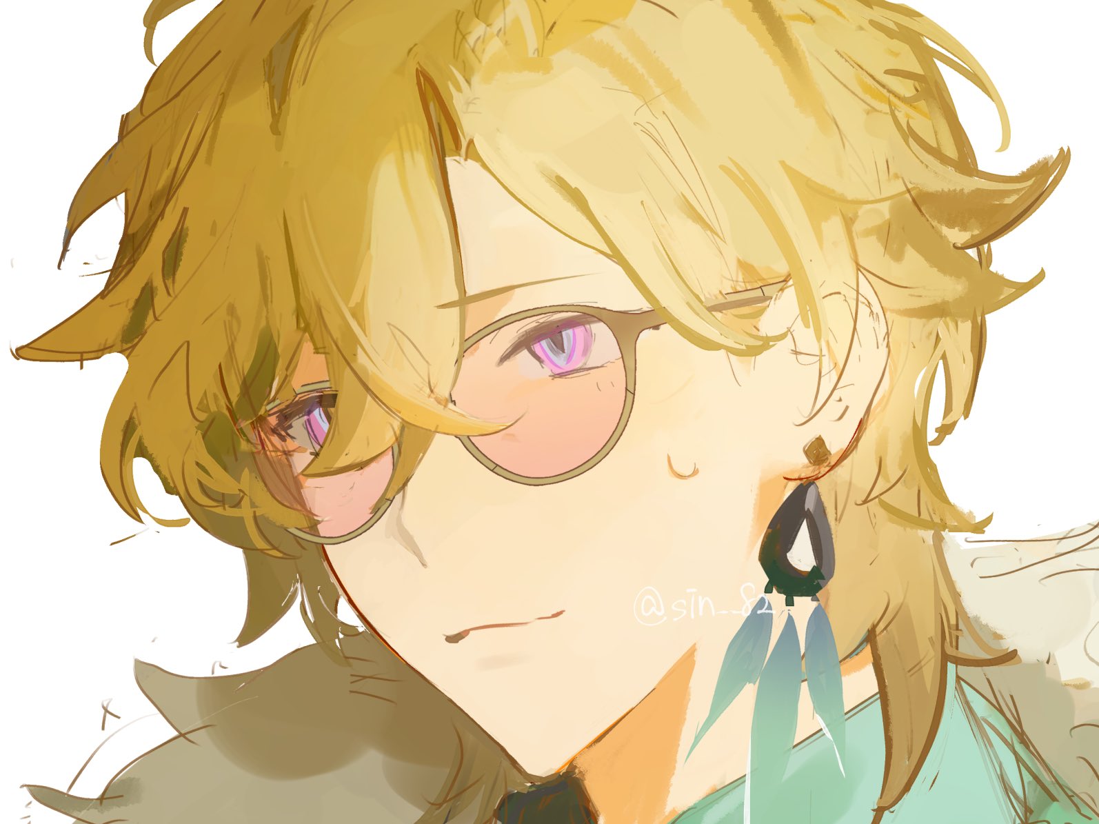 the image is a closeup portrait of an animestyle boy with blond hair, wearing glasses and earrings. his eyes are purple, and he has a soft, gentle expression. the art style is soft and pastel, with a painterly feel.  the overall impression is one of elegance and style. the character bears resemblance to albedo from genshin impact.
